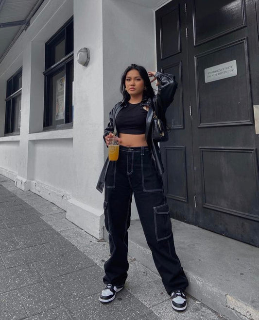 Midnight Utility Black Wide-Leg Cargo Jeans π€π