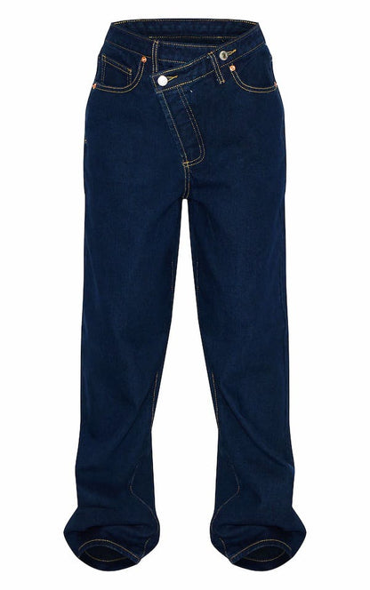 ASYMMETRIC WAIST INDIGO BOOTCUT JEANS – BOLD STRUCTURE MEETS MODERN EDGE 💙✨