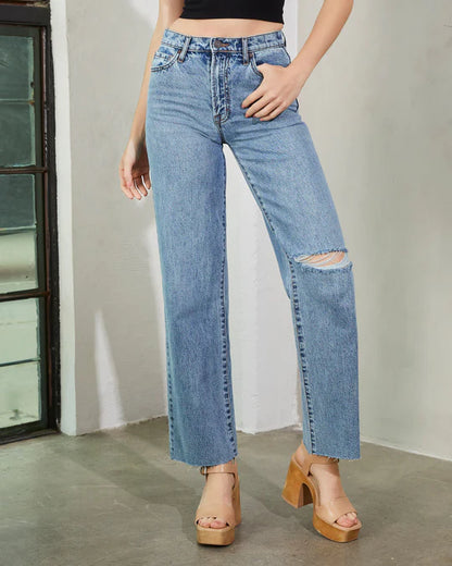 Mid-Blue Wide-Leg Ripped Jeans – Relaxed & Stylish 👖💙