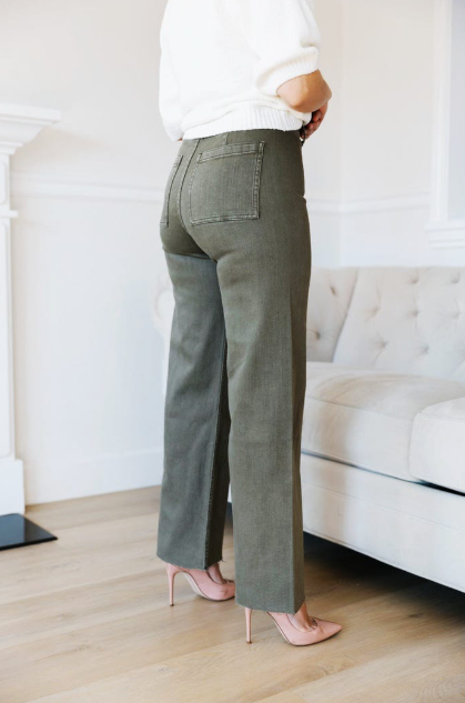 OLIVE GREEN HIGH-WAIST WIDE-LEG JEANS – CROPPED & HEM BOTTOM OPTIONS 🌿👖